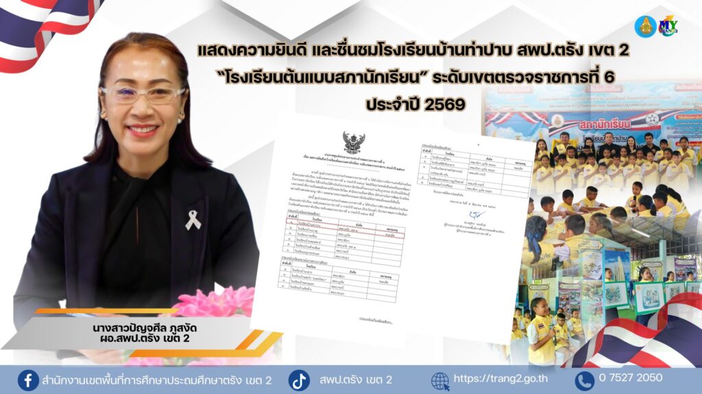 แสดงความยินดี และชื่นชมโรงเรียนบ้านท่าปาบ สพป.ตรัง เขต 2 ได้รับการคัดเลือกเป็น “โรงเรียนต้นแบบสภานักเรียน ระดับเขตตรวจราชการที่ 6 ประจำปี 2569”