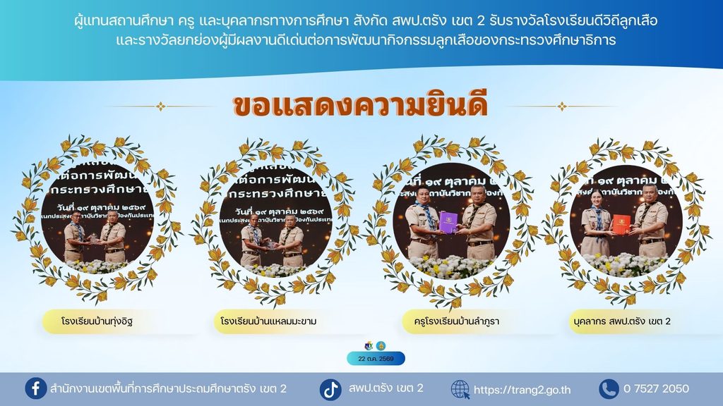 ผู้แทนสถานศึกษา ครู และบุคลากรทางการศึกษา สังกัด สพป.ตรัง เขต 2 รับรางวัลโรงเรียนดีวิถีลูกเสือ และรางวัลยกย่องผู้มีผลงานดีเด่นต่อการพัฒนากิจกรรมลูกเสือของกระทรวงศึกษาธิการ